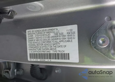 2023 Honda Ridgeline Rtl z USA, uszkodzony, nr VIN 5FPYK3F51PB013442